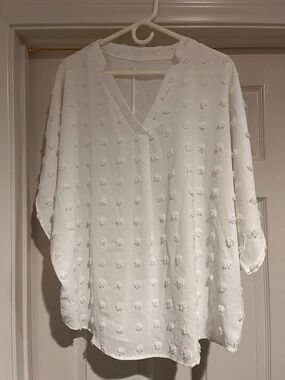 Women’s White V-Neck Textured Dot Blouse